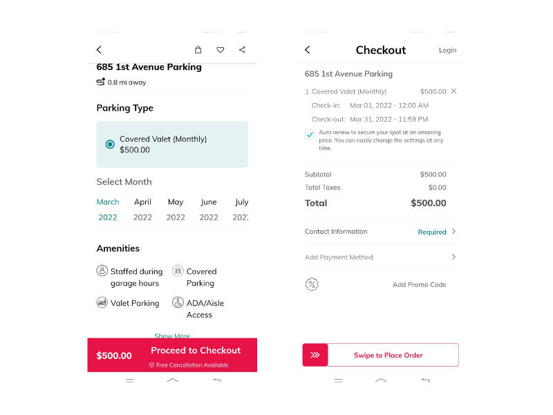 Checkout page for monthly parking on Way.com app