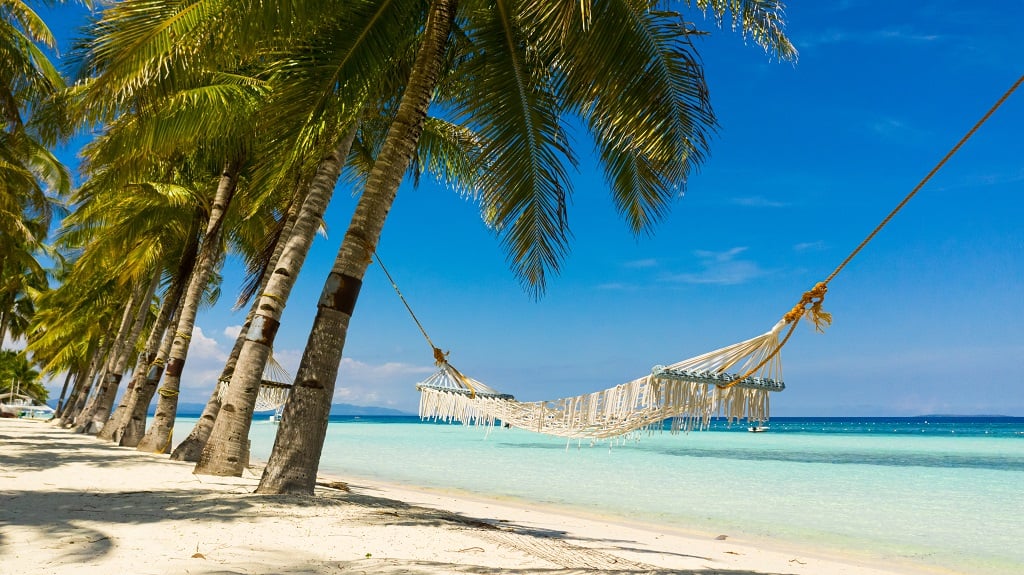 beach with hammock and tropical sea. Panglao island, Bohol, Philippines.