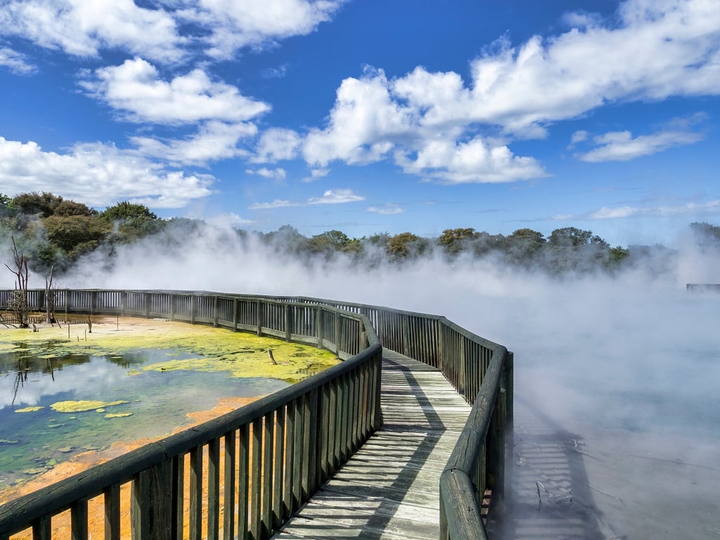 Walkway in Kuirau Park, a public park and thermal area in Rotorua, Bay of Plenty, New Zealand.